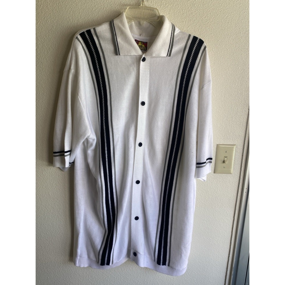 VTG Ben Davis Knit Shirt XL White Vertical Stripe Button Up Lowrider Cholo Y2K